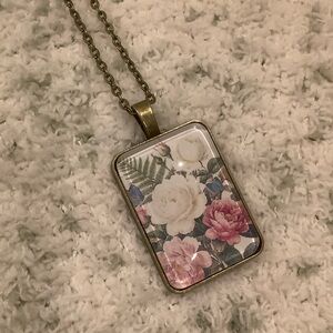 English Rose Garden Floral Glass Cabochon Pendant Necklace NWT Handcrafted